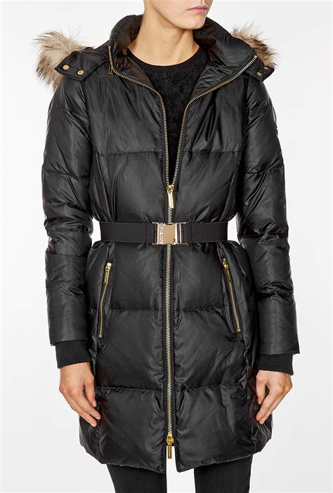 michael kors down coat with faux fur trimmed hood|Michael Michael Kors Women's Black 3/4 Down Coat with Faux .